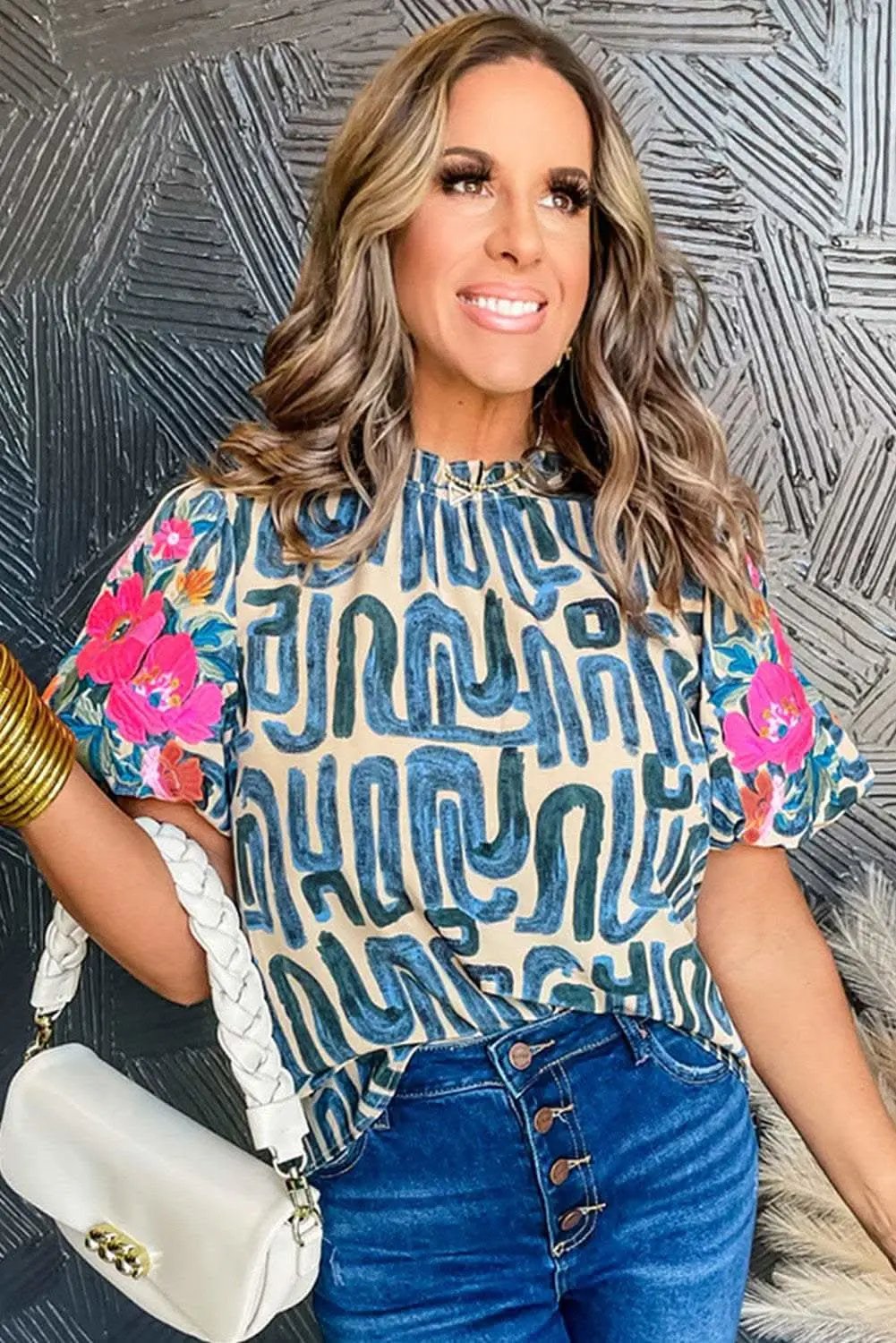 Beige Embroidered Puff Sleeve Frilled Neck Printed Top - Love Salve